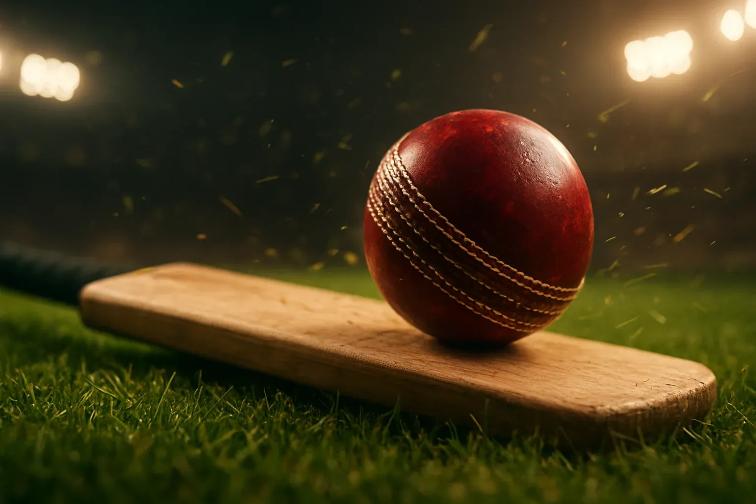 Close-up cricket ball and bat on green turf under stadium lights